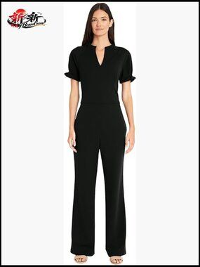 Notch Neck Jumpsuit with Ruffle Sleeve Detail, Polyester Spandex